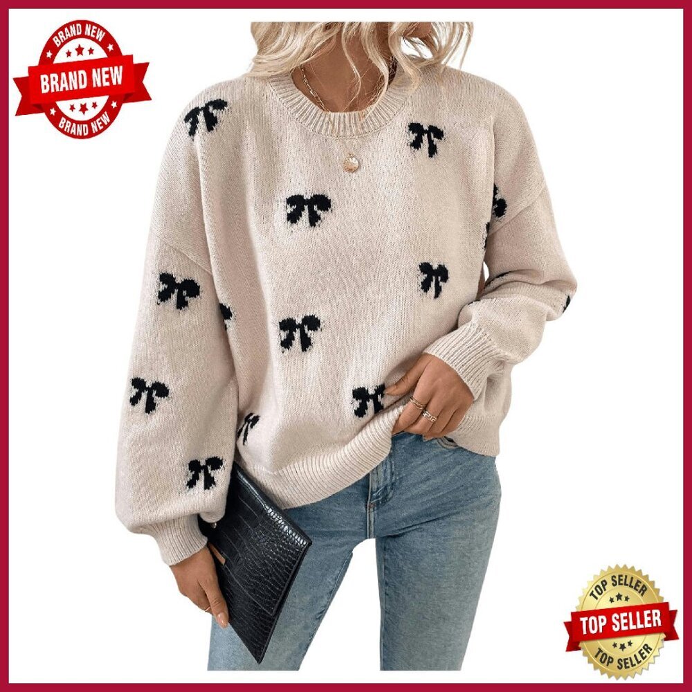 Cozy Y2k Bow Sweater Crewneck Drop Shoulder Pullover Long Sleeve